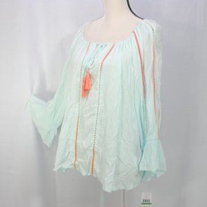JOHNPAULRICHARD Teal Peasant Boho Top L NWT